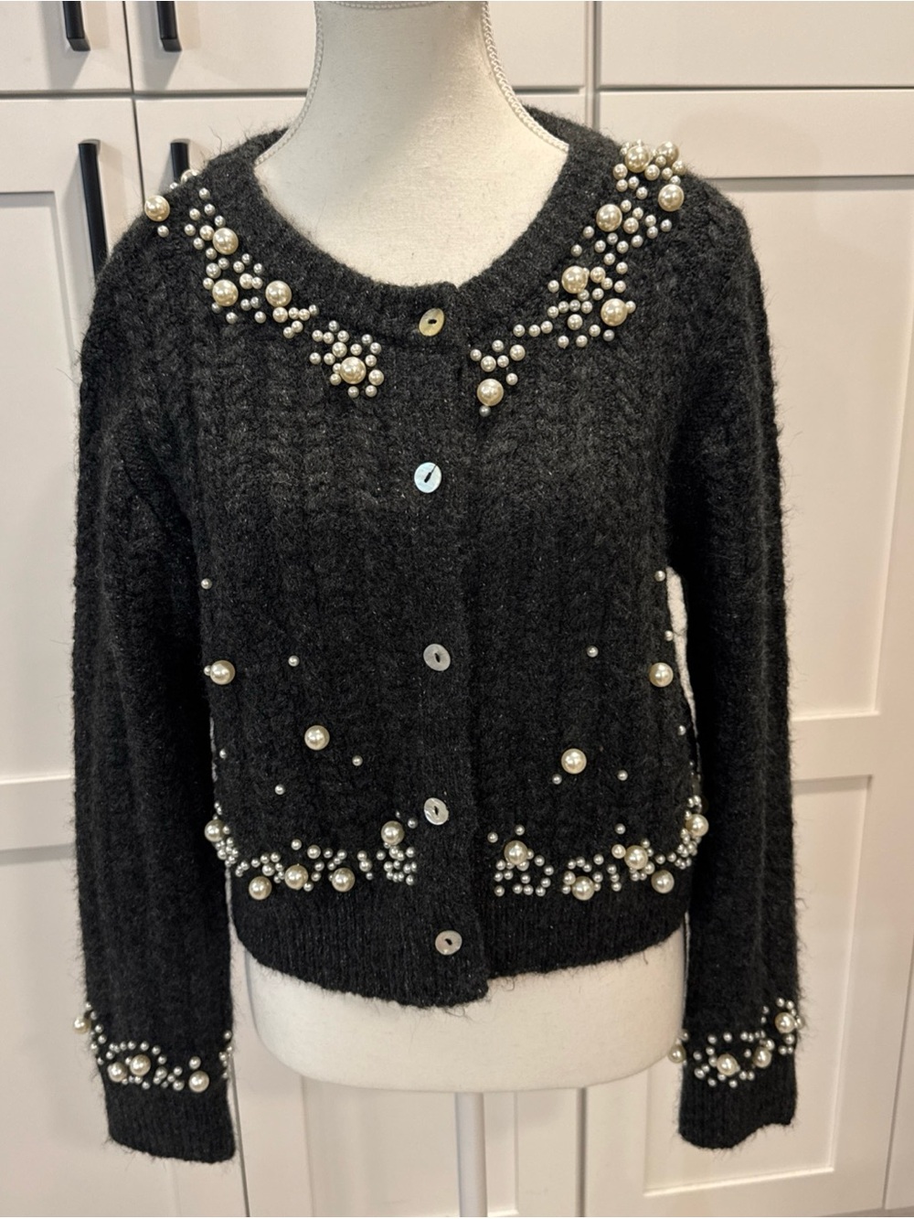 Zara Charcoal gray Pearl-Embellished wool blend Women's Cardigan Sweater M